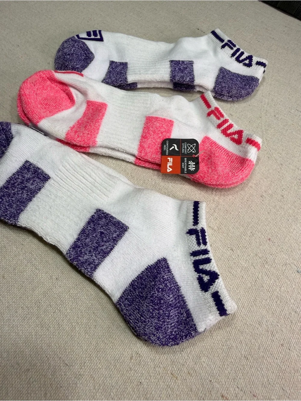 Fila White Low-Cut Socks with Pink and Purple Accents - 3 Pack - NWT